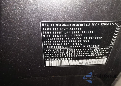 2018 Volkswagen Tiguan 2.0T Se/2.0T Sel из США, поврежденный, VIN 3VV3B7AXXJM088406